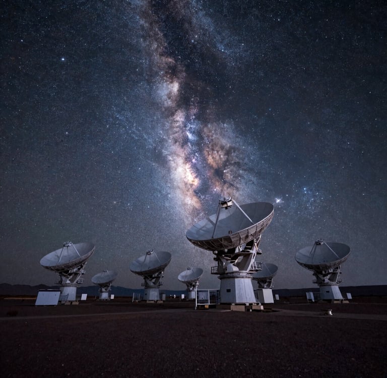 Radio telescope array under a clear night sky with the bright Milky Way galaxy overhead.