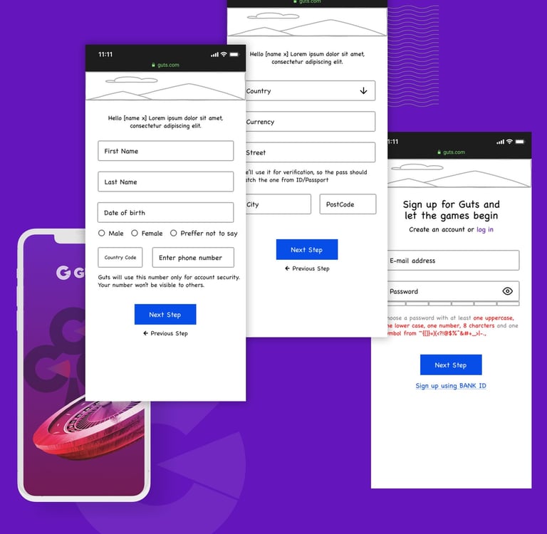 Guts mobile registration—multi-step conversational form screens on purple background