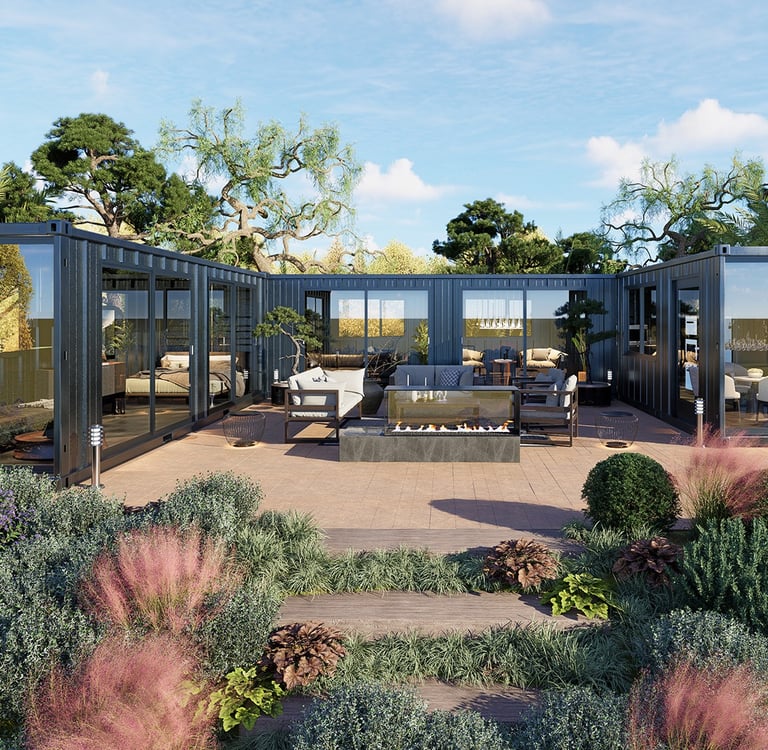 3D illustration front view of a Container home with a sundeck