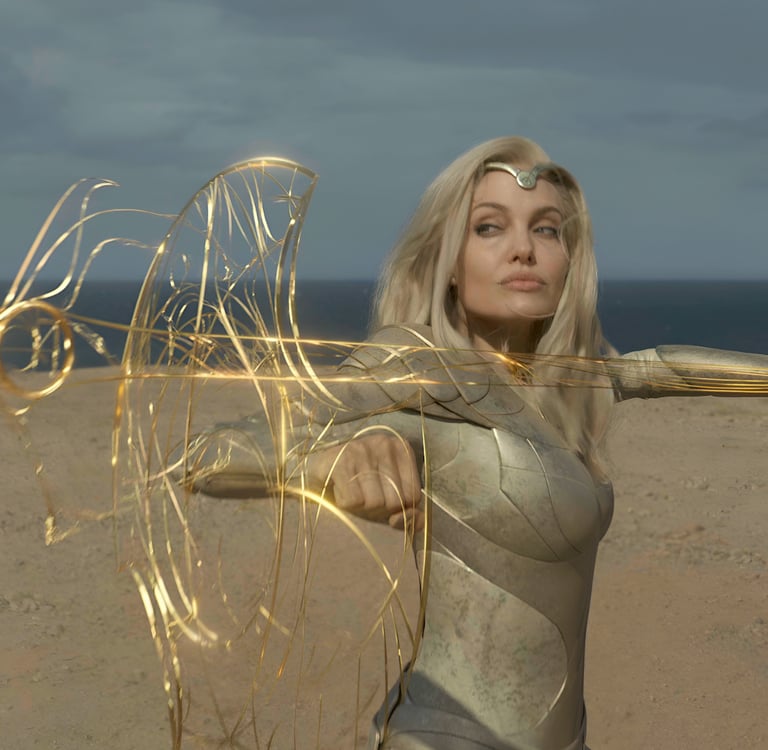 a woman in a silver dress with a sword