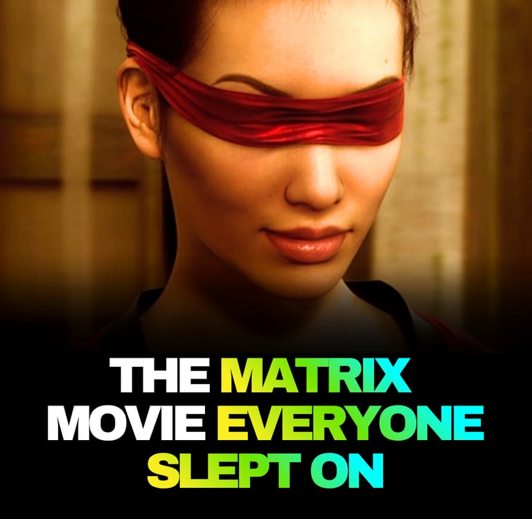 A woman wearing a red blindfold in a scene from a Matrix movie review.