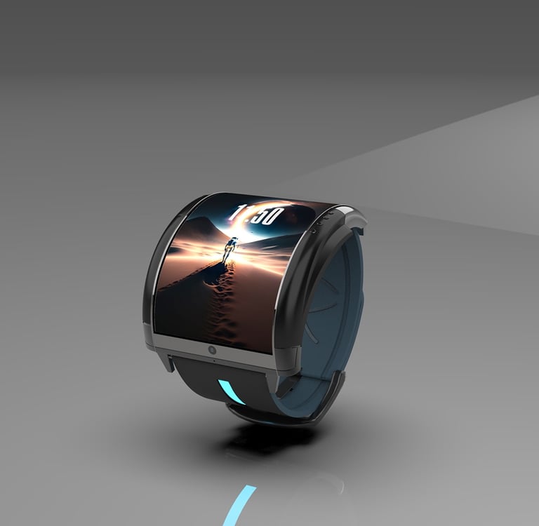 Futuristic 3D smartwatch design by Cavity Studios featuring curved digital display.