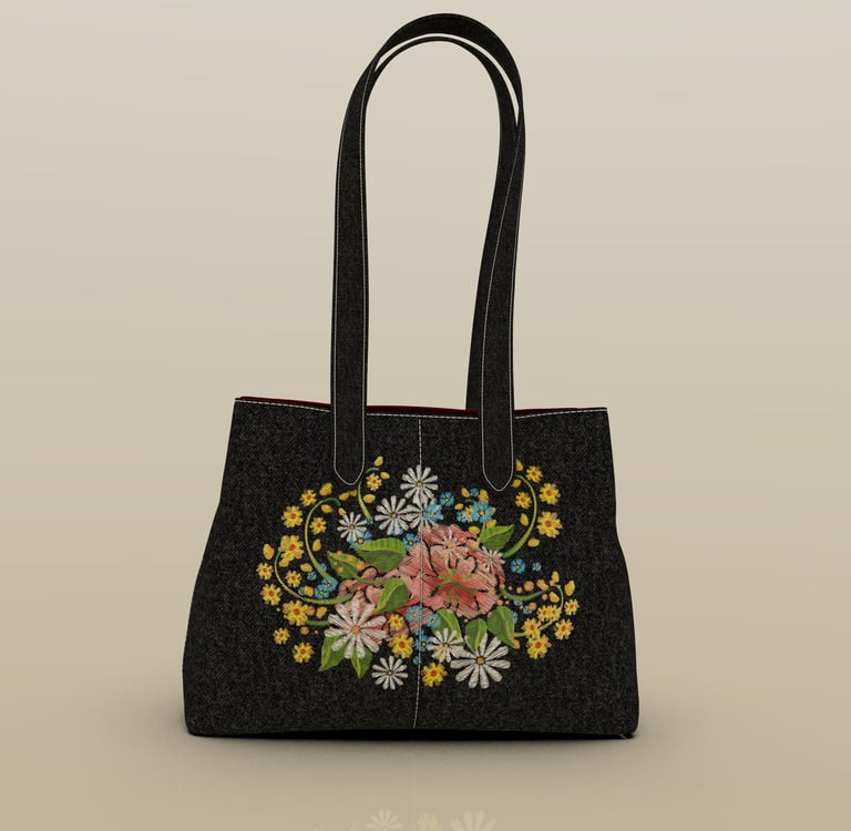 3D-rendered embroidered fashion bag design by Cavity Studios with artistic detailing