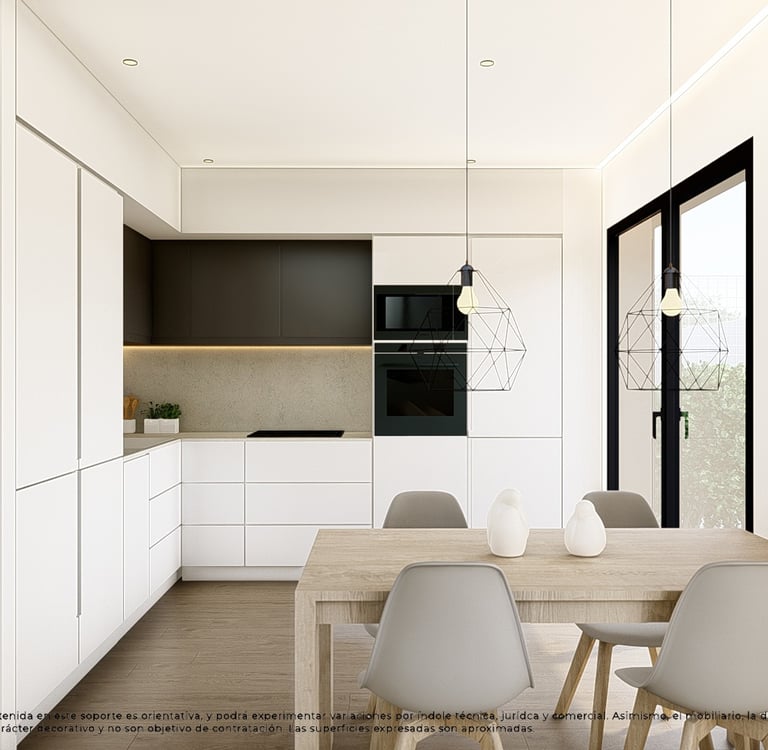 a kitchen with a table and chairs and a table