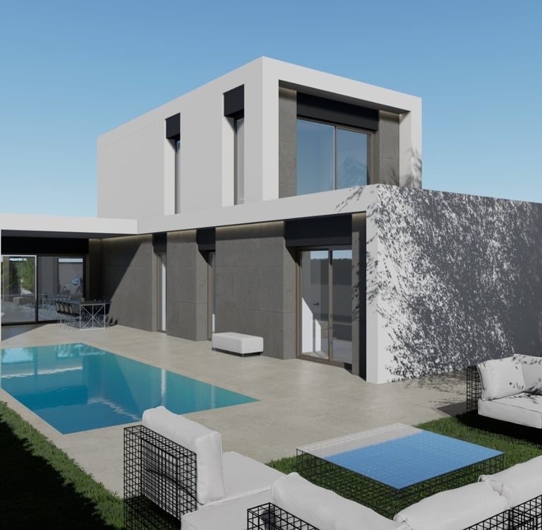 a modern house with a pool and a lounge area