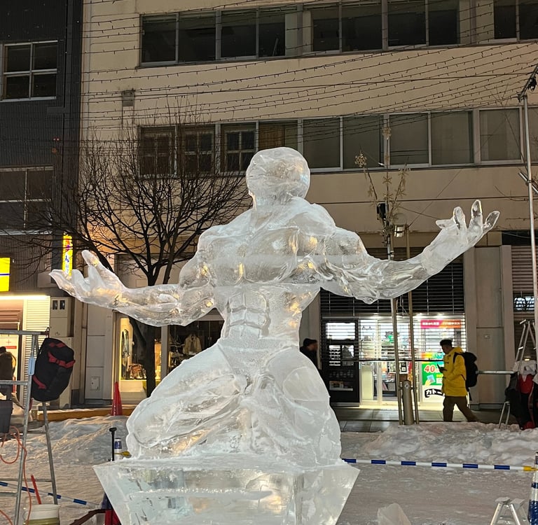 a statue from ice of a man in hokkaido japan