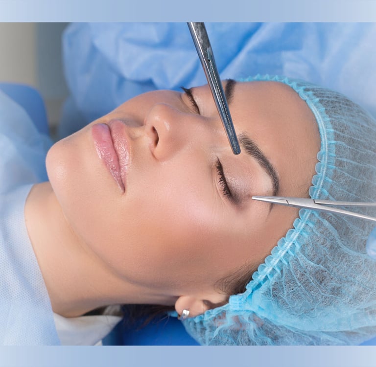 Mulher de olhos fechados em centro cirúrgico aguardando a cirurgia plástica de pálpebras