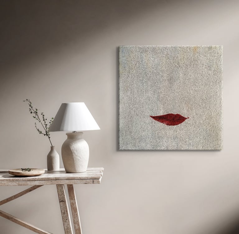 Falling leave (that looks like lips) on white background acoustic panel - wood wool panel