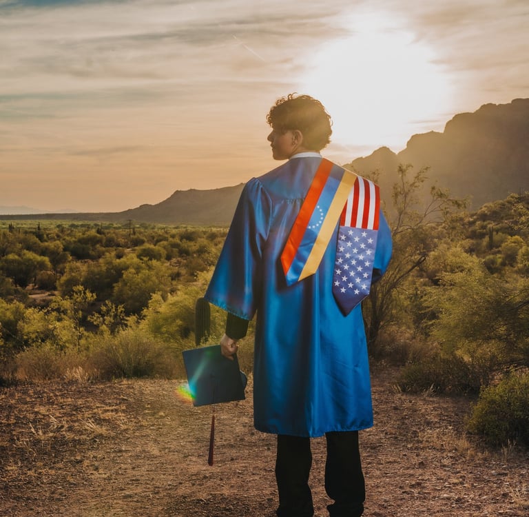 Graduate in blue cap and gown with a flag stole standing in a desert landscape at sunset.