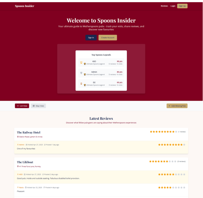 Spoons Insider Home Page