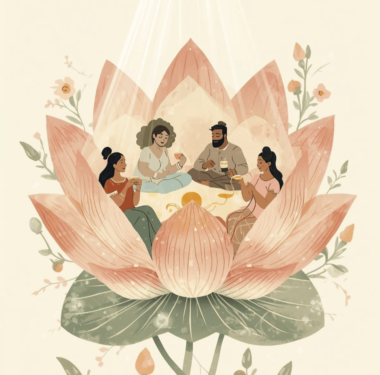 Illustration of people sharing tea in a lotus flower.