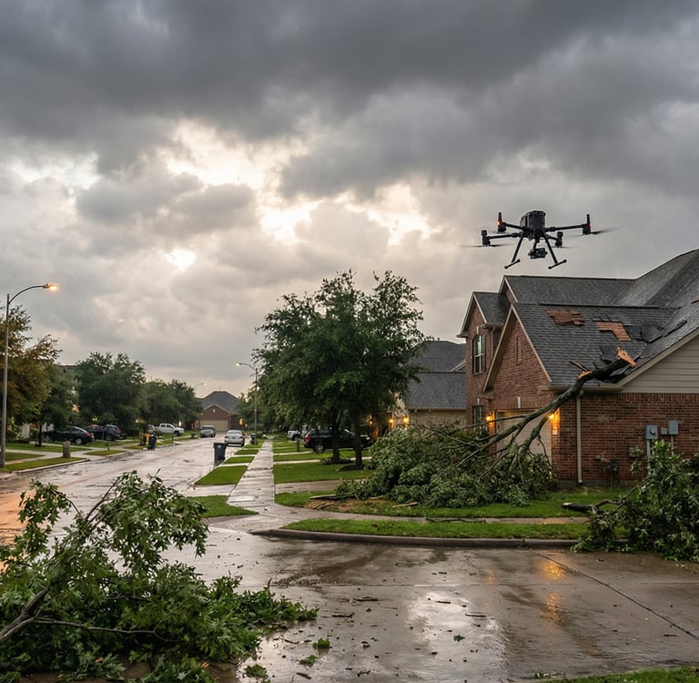 Dron inspekcyjny przy uszkodzonym dachu po silnej burzy i połamanych gałęziach na mokrej ulicy