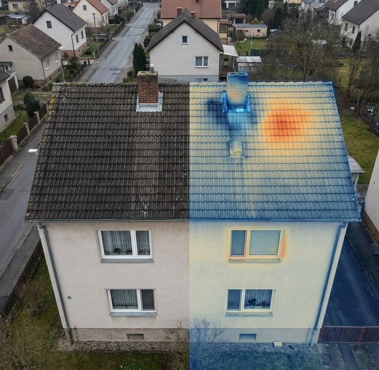 Zdjęcie przedstawiające budynek  w widoku z kamery RGB i kamery termowizyjnej