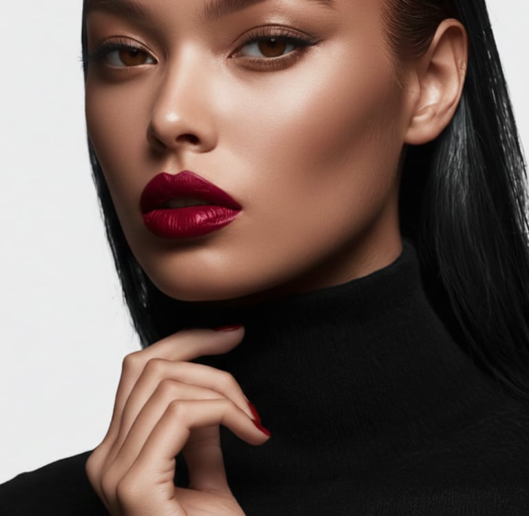 A woman with bold red lipstick and sleek black hair posing in a black turtleneck sweater.