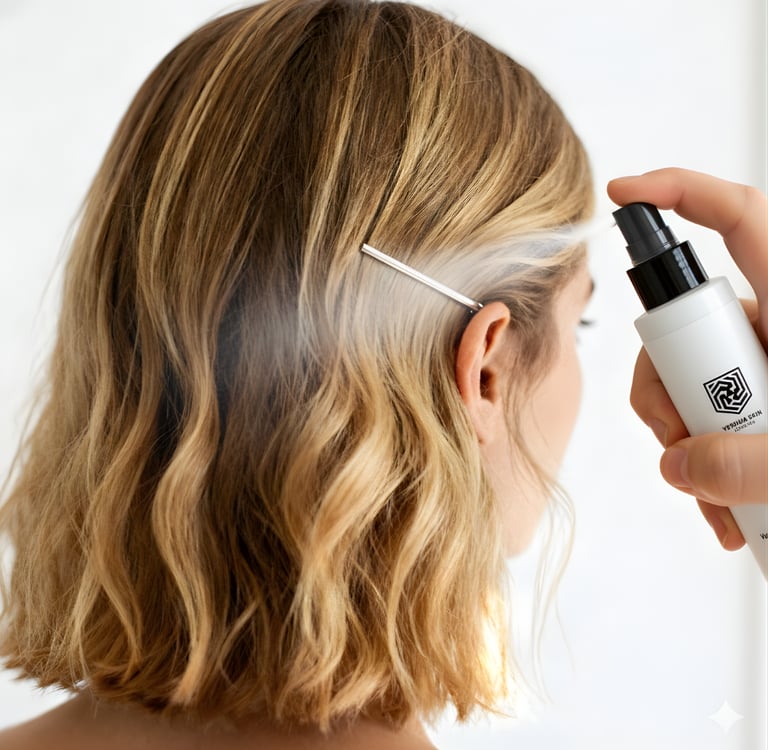 A person applying hair spray mist to a blonde wavy bob hairstyle for texture and hold.
