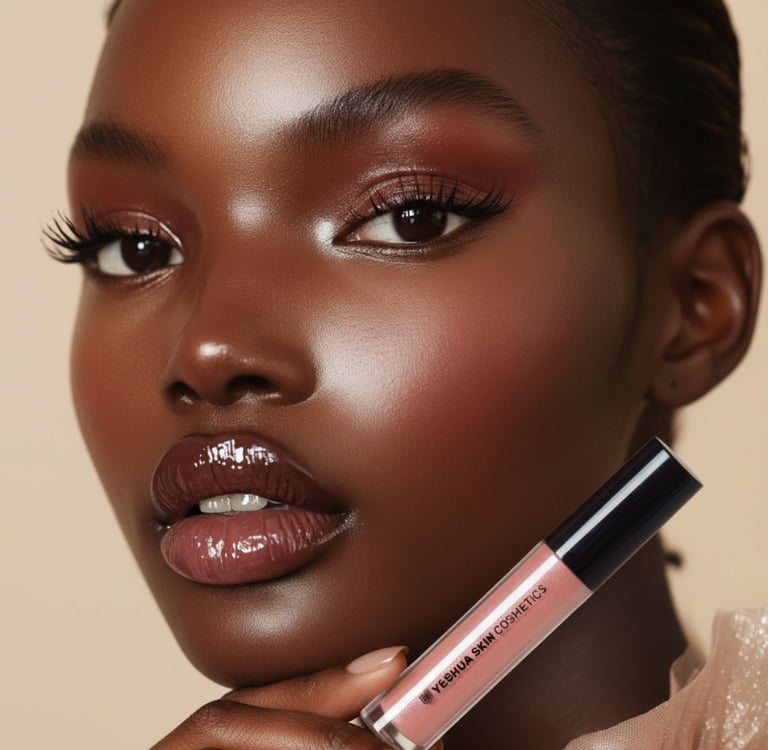 A model with deep skin wearing Yeshua Skin Cosmetics glossy liquid lipstick and warm eyeshadow.