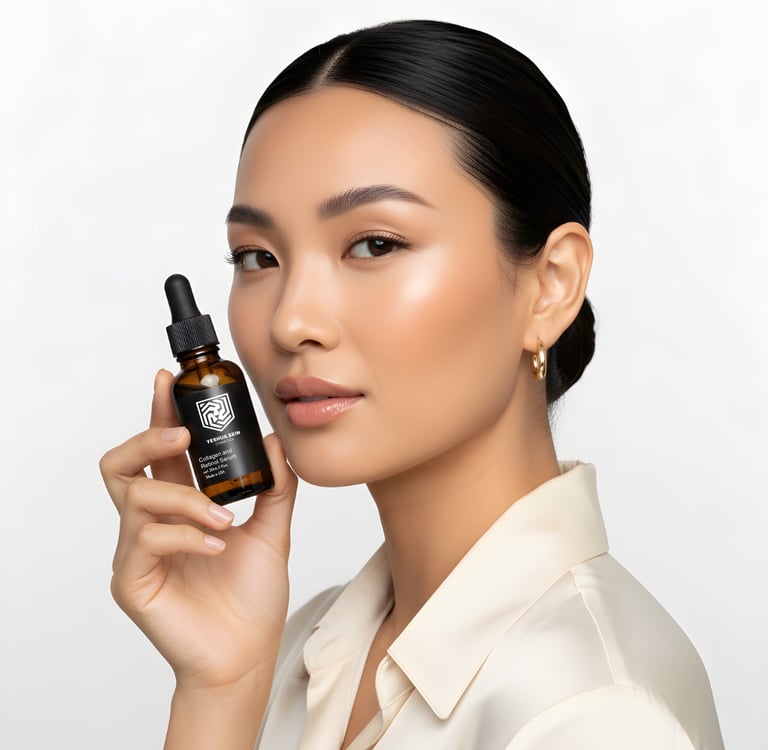 Woman with glowing skin holding a bottle of YESHUA Skin collagen and retinol facial serum.