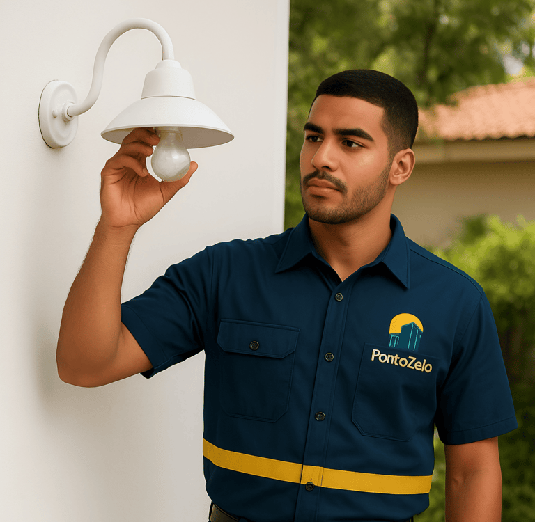 Zelador fazendo manutenção nas lâmpadas do condomínio