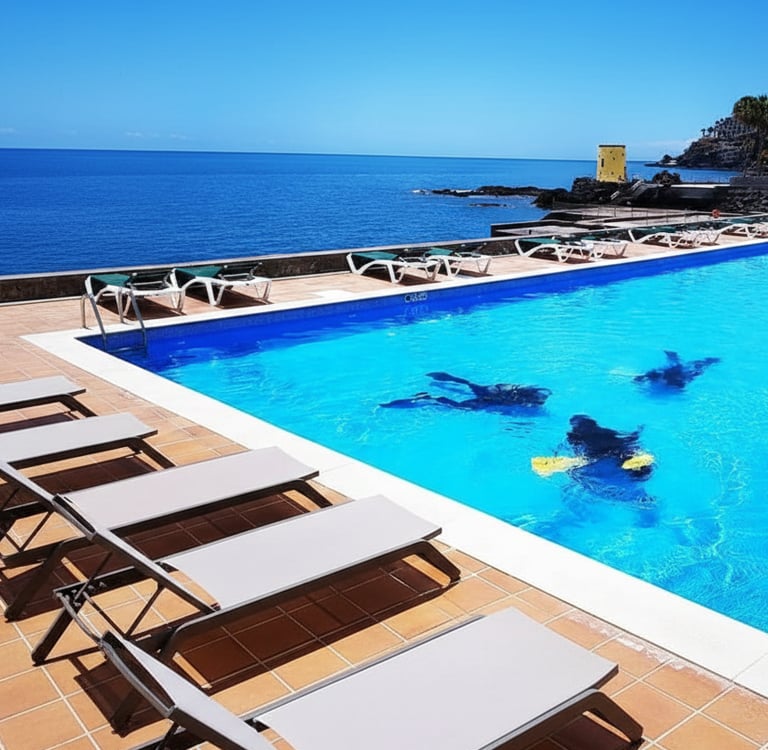 Try scuba diving experience at Quinta da Penha de França Mar — divers training in oceanfront pool, Madeira