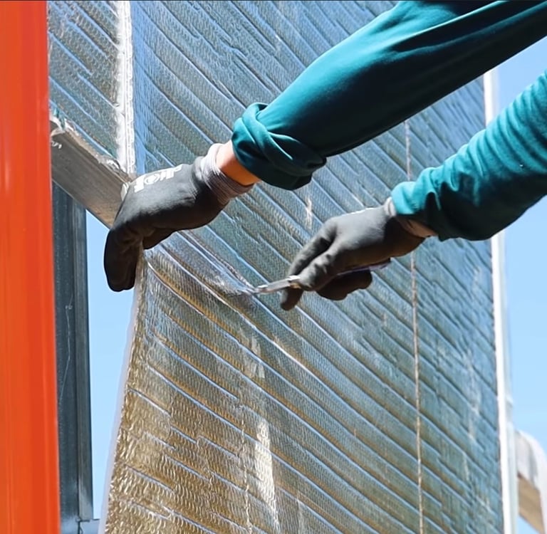 Person installing insulation on metal building