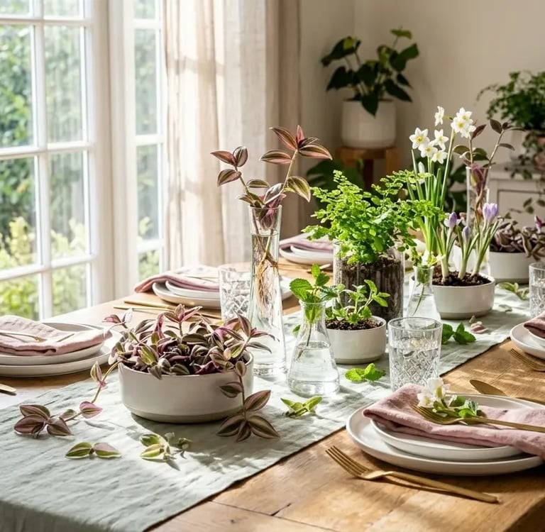 Mesa de comedor decorada en primavera con un centro de plantas vivas