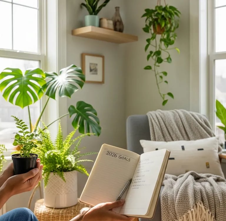 Libreta de propósitos de año nuevo rodeada de plantas de interior sanas y bonitas.