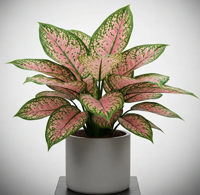 Aglaonema con hojas verdes manchadas de rosa.