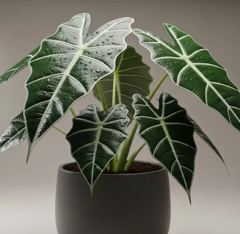 Alocasia Polly u Oreja de Elefante Mini con hojas oscuras y venas blancas marcadas.