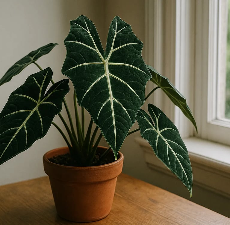 Alocasia Frydek con hojas de terciopelo verde oscuro y venas blancas.