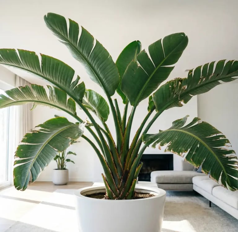 Ave del Paraíso Gigante (Strelitzia Nicolai) con hojas grandes en un salón luminoso.