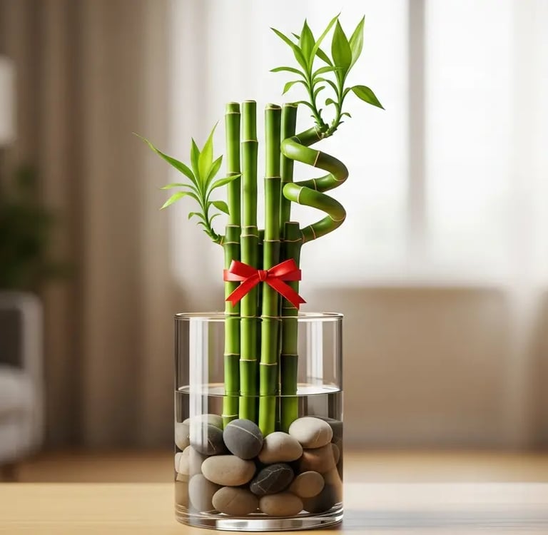 Bambú de la Suerte en jarrón de cristal con piedras y lazo rojo, planta ideal para Feng Shui.