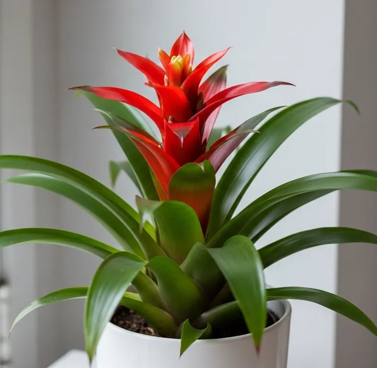 Bromelia Guzmania con flor roja intensa en maceta blanca.