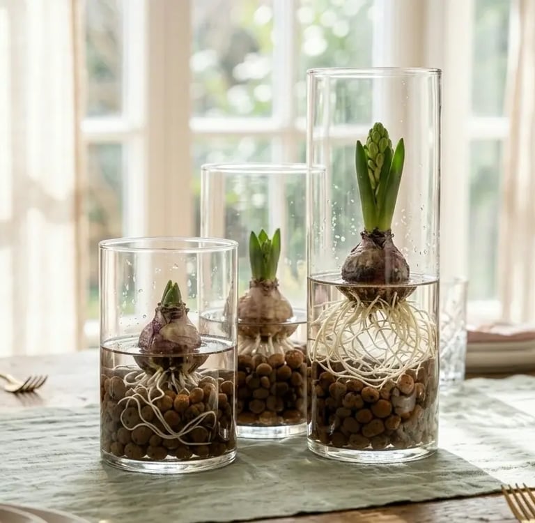 Centro de mesa rústico con bulbos de jacinto en jarrones de cristal y arcilla expandida