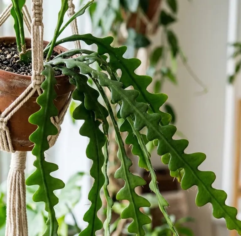 Cactus Zig-Zag colgante con sus característicos tallos planos y dentados.