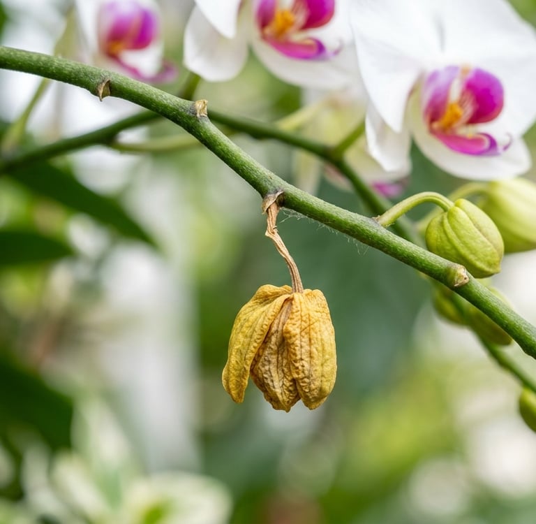 Capullo de orquídea arrugado y amarillo a punto de caerse por estrés ambiental, conocido como caída de botones