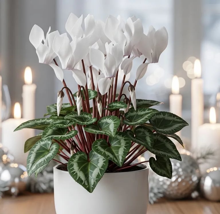 Ciclamen de flores blancas en un centro de mesa navideño con decoración plateada.