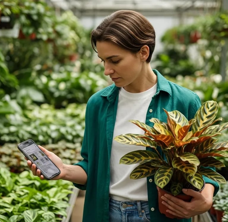 Consultando guía de cuidados en el móvil antes de comprar una planta nueva.