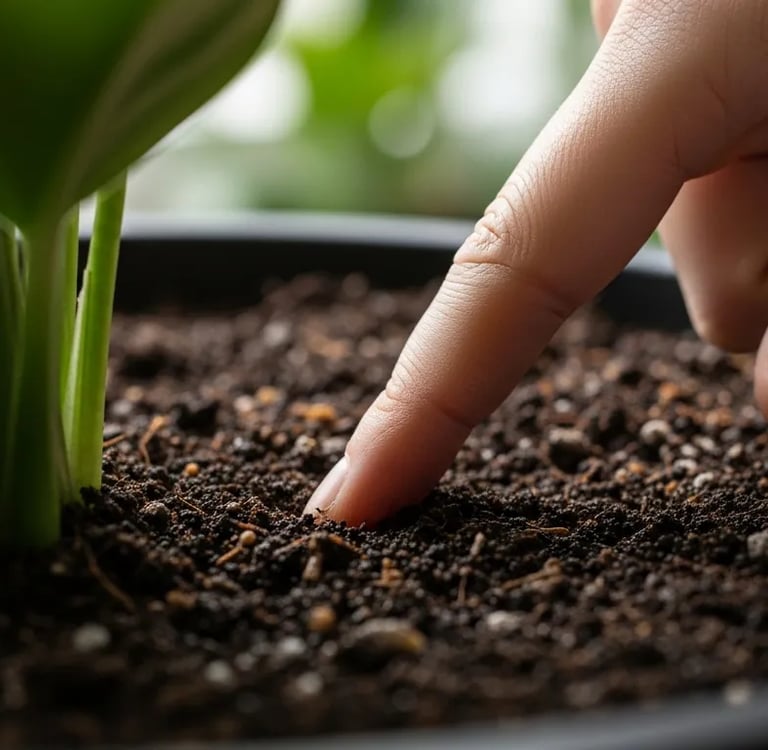 Comprobando la humedad de la tierra con el dedo antes de regar.