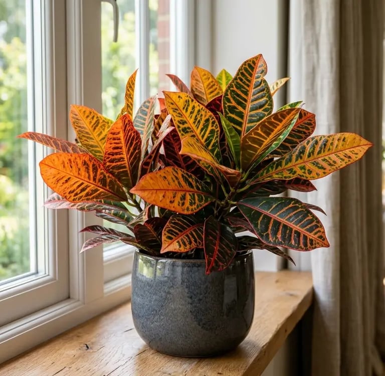 Planta Crotón con hojas coloridas en rojo, amarillo y naranja cerca de una ventana.