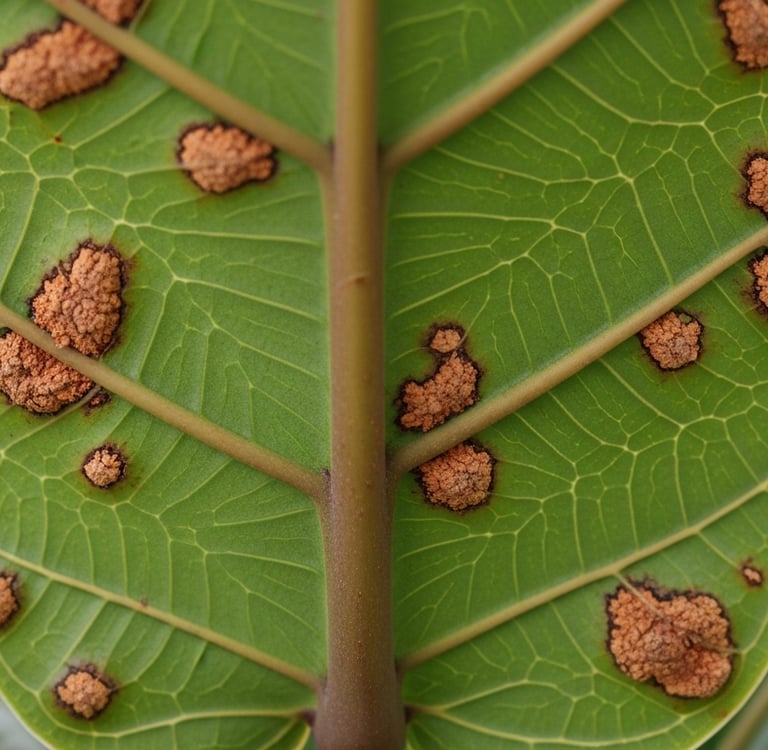 parte inferior de hoja mostrando los síntomas del edema en plantas, con pequeñas ampollas marrones