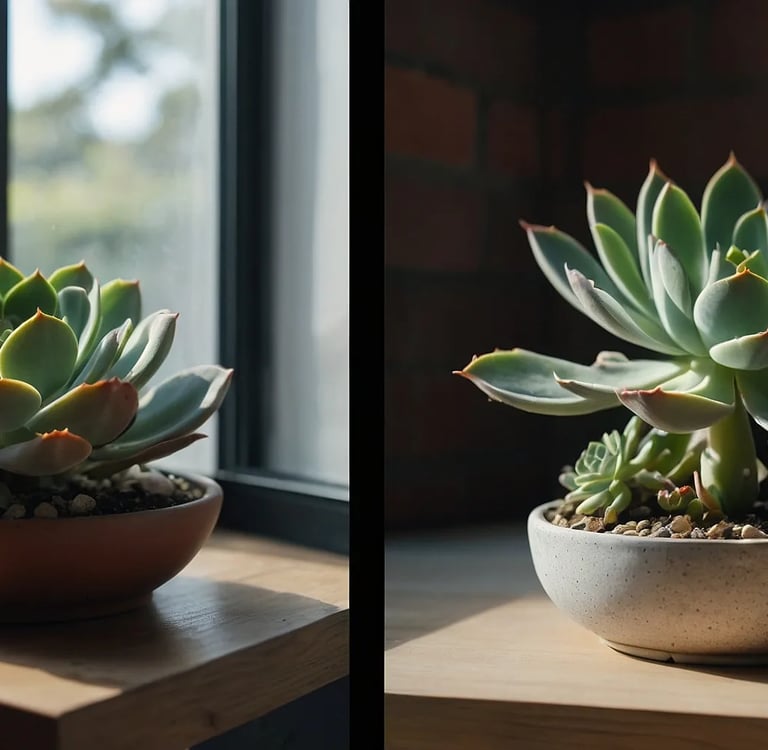 Planta suculenta estirada por falta de luz (etiolación) comparada con una sana y compacta.