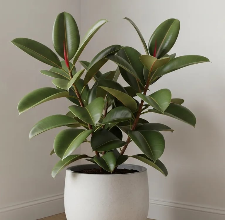 Ficus Elastica o Gomero con hojas grandes y brillantes en un salón moderno.