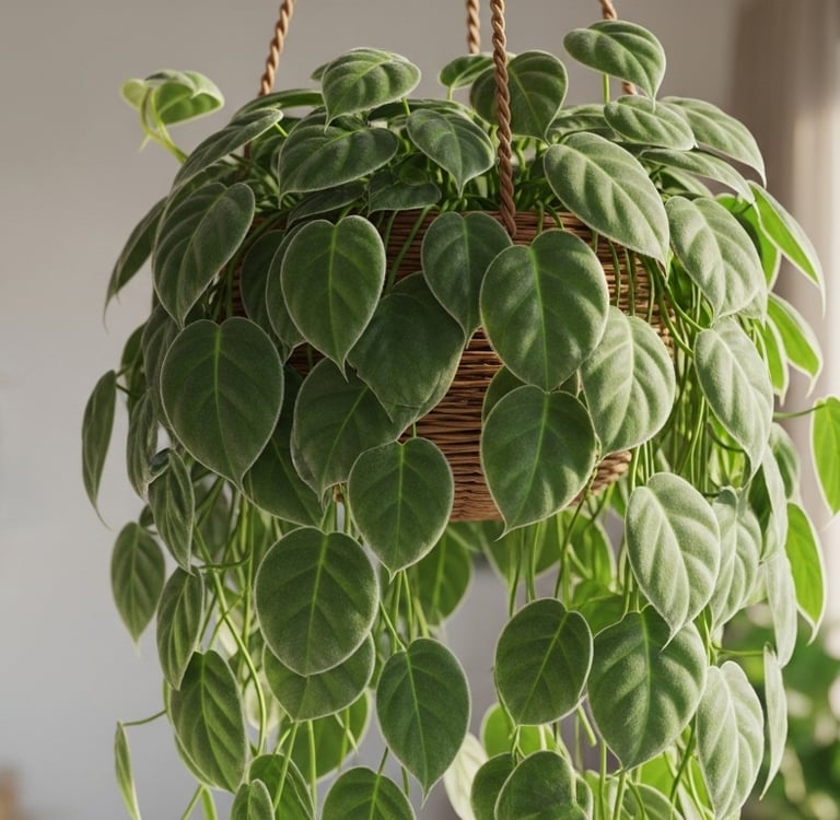 Una frondosa planta de Filodendro de Hoja de Corazón (Philodendron hederaceum)