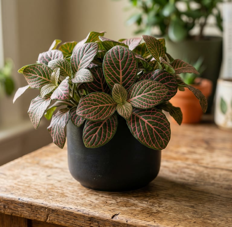 Planta Fitonia o Planta Mosaico con hojas verdes y nervaduras de color rosa brillante