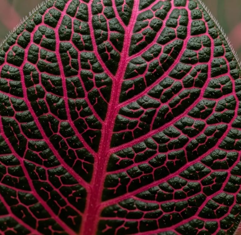 Primer plano de hojas de Fittonia con nervios rosa fucsia.