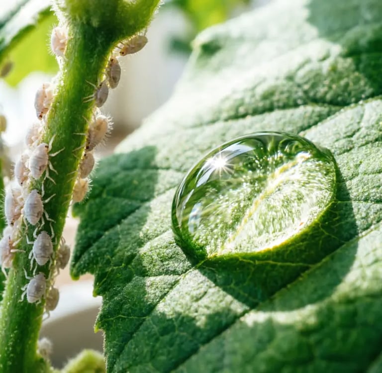 Gotas pegajosas y brillantes (melaza) en una hoja verde, síntoma de plagas.