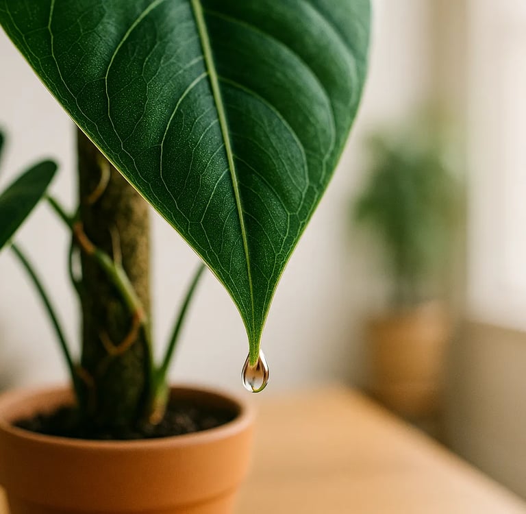 Gota de agua en la punta de una hoja de Alocasia (fenómeno de gutación).