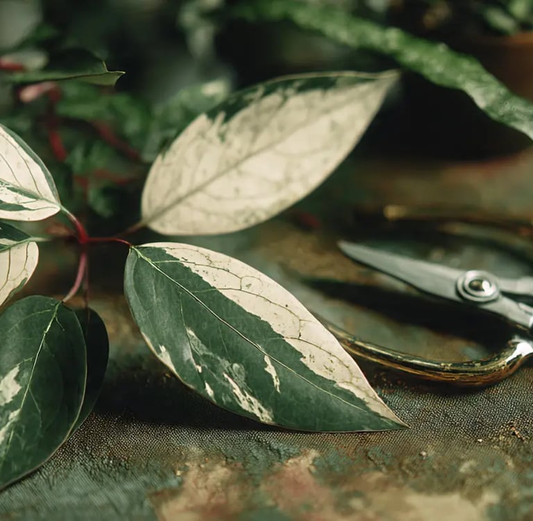Planta de colección variegada con centro blanco y bordes verdes mostrando una hoja revertida a color