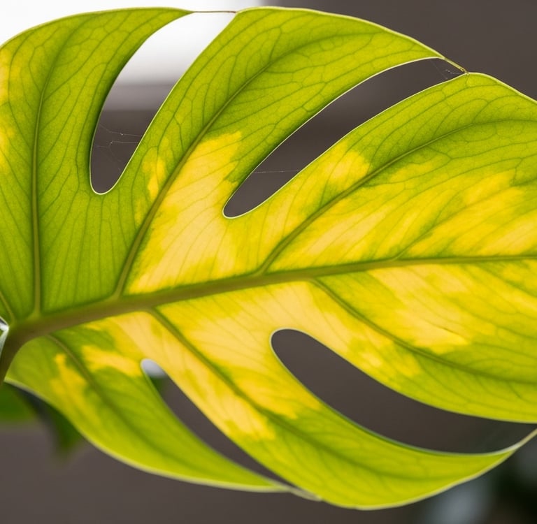 Hoja de planta de interior volviéndose amarilla por problemas de cuidado.