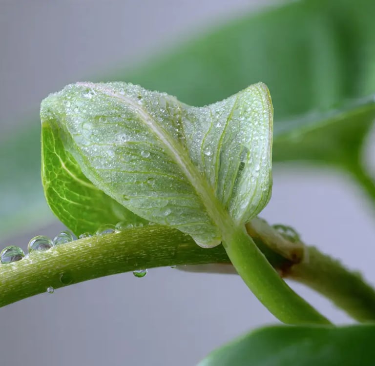 Hoja nueva de planta tropical naciendo arrugada y atascada en su tallo por falta de humedad.
